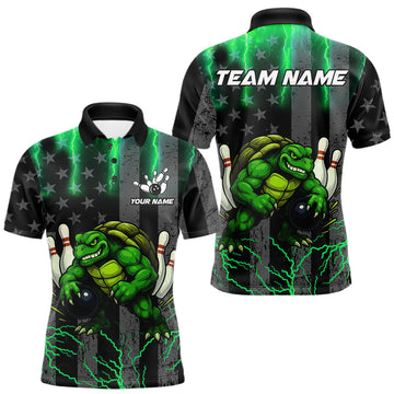 Maxcorners Black American flag Men's bowling shirts Custom Green lightning thunder Turtle Bowling Team Jerseys LM1903