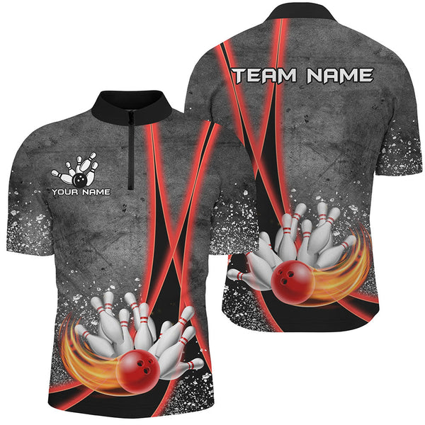 Maxcorners Black grunge Custom Flame Bowling Polo, 1/4 Zip Shirt For Men, Personalized Bowling Team Jerseys | Red