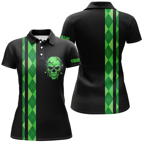 Maxcorners Personalized Green Argyle Plaid Skull Women Golf Polo Shirts