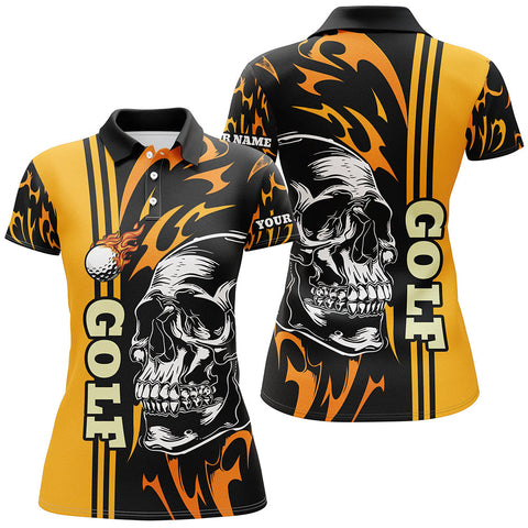 Maxcorners Personalized Women Golf Polo Shirts Custom Black And Yellow Skull Golf Top For Ladies