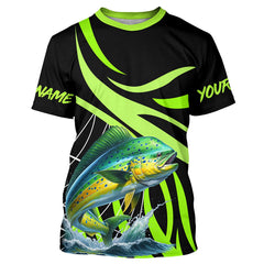 Maxcorners Personalized Mahi mahi ( Dorado) Long Sleeve Fishing Shirts, Tournament Fishing Jerseys | Green MT2108