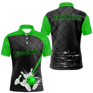 Maxcorners Black and Green bowling league jersey custom Mens Bowling Polo, 1/4 zip Shirt, gifts for men bowler