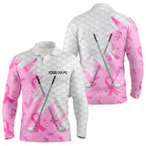 Maxcorners Pink ribbon breast cancer pattern custom name white Mens golf polo shirts, team golf tops for men LM1008