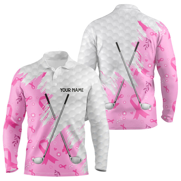 Maxcorners Pink ribbon breast cancer pattern custom name white Mens golf polo shirts, team golf tops for men LM1008