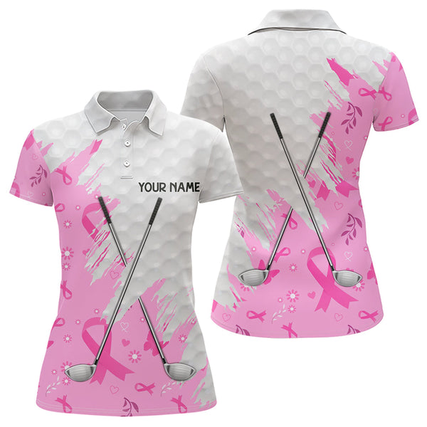 Maxcorners Pink ribbon breast cancer pattern custom name white Mens golf polo shirts, team golf tops for men LM1008
