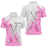 Maxcorners Pink ribbon breast cancer pattern custom name white Mens golf polo shirts, team golf tops for men LM1008