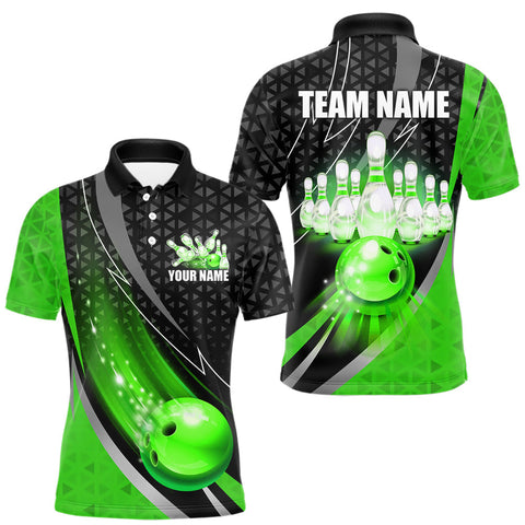 Maxcorners Black and Green Bowling Camo Polo, 1/4 Zip Shirt for Men Custom Team Bowling jerseys, Bowler Outfit LM1008