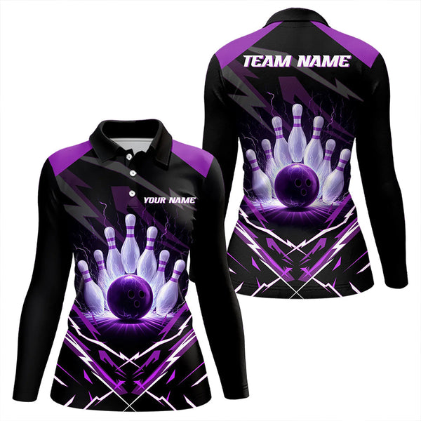 Maxcorners Black and Purple Lightning thunder Bowling Polo, Quarter Zip shirts for Men Custom Bowling Team Jersey