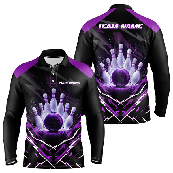 Maxcorners Black and Purple Lightning thunder Bowling Polo, Quarter Zip shirts for Men Custom Bowling Team Jersey