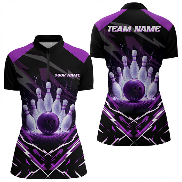 Maxcorners Black and Purple Lightning thunder Bowling Polo, Quarter Zip shirts for Men Custom Bowling Team Jersey