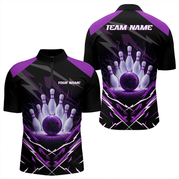 Maxcorners Black and Purple Lightning thunder Bowling Polo, Quarter Zip shirts for Men Custom Bowling Team Jersey