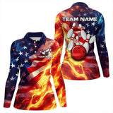 Maxcorners Flame American Flag Bowling Polo, Quarter Zip shirts for Men Custom Patriotic Team Bowling Jersey