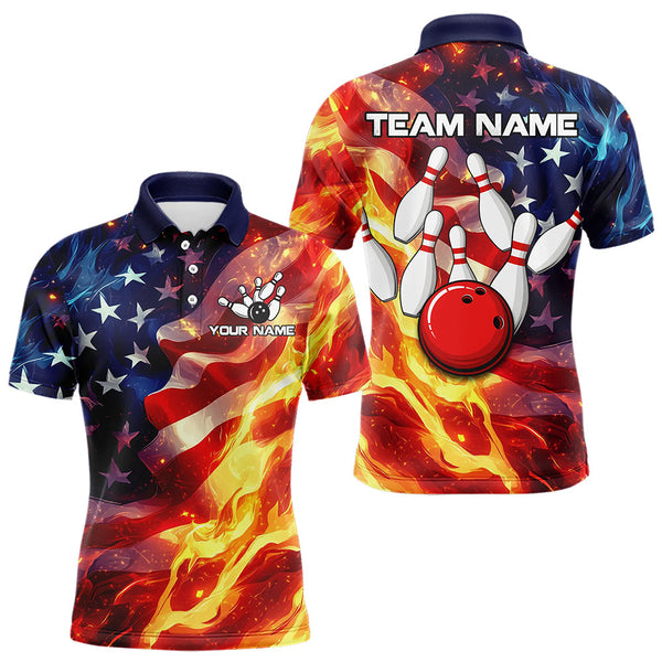 Maxcorners Flame American Flag Bowling Polo, Quarter Zip shirts for Men Custom Patriotic Team Bowling Jersey