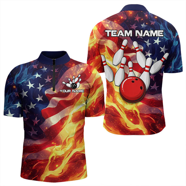 Maxcorners Flame American Flag Bowling Polo, Quarter Zip shirts for Men Custom Patriotic Team Bowling Jersey