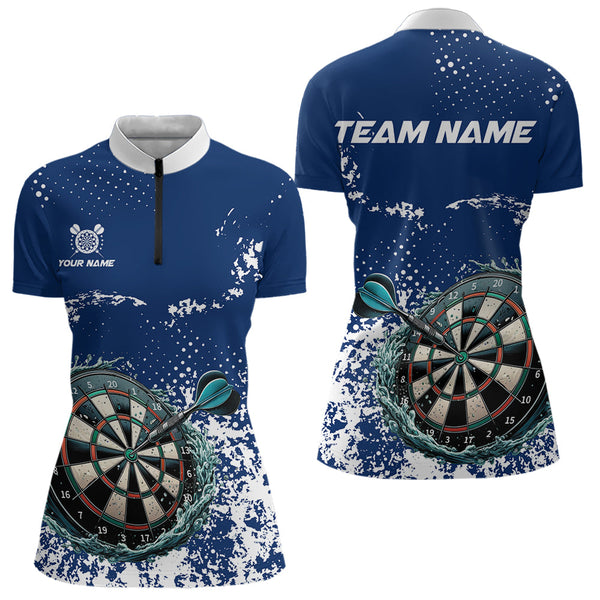 Maxcorners Personalized White & Blue Grunge Darts Polo, Quarter Zip Shirt For Men And Women Custom Dart Outfit Team Jersey