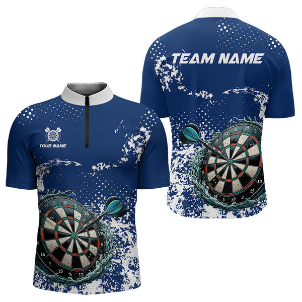 Maxcorners Personalized White & Blue Grunge Darts Polo, Quarter Zip Shirt For Men And Women Custom Dart Outfit Team Jersey