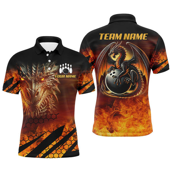 Maxcorners Bowling Ball And Pins Black And Orange Dragon Flame Customized Name, Team Anme 3D Polo Shirt