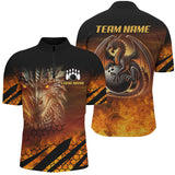 Maxcorners Bowling Ball And Pins Black And Orange Dragon Flame Customized Name, Team Anme 3D Polo Shirt