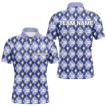 Maxcorners Mens golf polo shirts custom blue argyle plaid pattern golf attire for men, golfer gifts MT2108