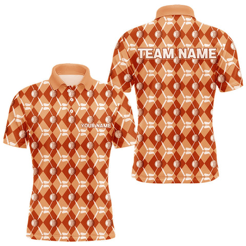 Maxcorners Mens golf polo shirts custom orange argyle plaid pattern golf attire for men, golfer gifts MT2108