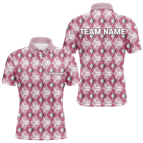 Maxcorners Mens golf polo shirts custom pink argyle plaid pattern golf attire for men, golfer gifts LM1708