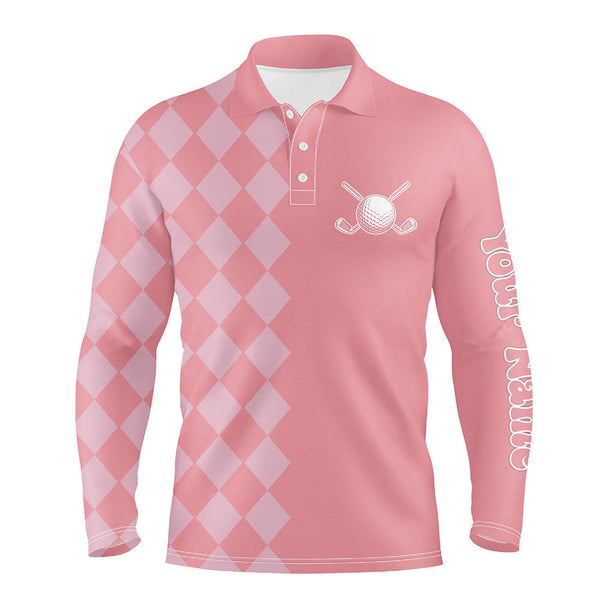 Maxcorners Pink argyle pattern Mens Golf Polo Shirts custom golf tops for men, cool golf gifts