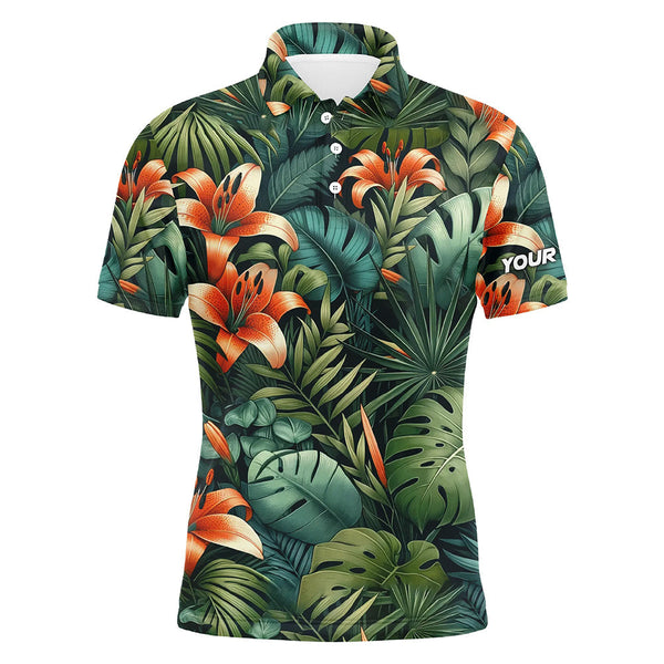 MaxCorners Golfs Green Tropical Flower Pattern Customized Name 3D Polo Shirt For Men