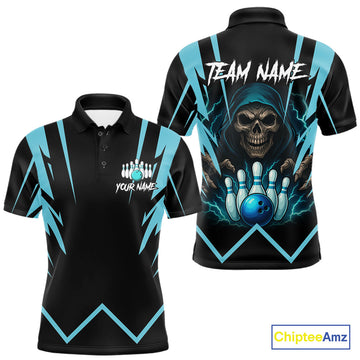 Maxcorners Black and Blue Reaper Skull lightning Bowling Shirts for Men Custom Skull Team Bowling league jersey LM2603
