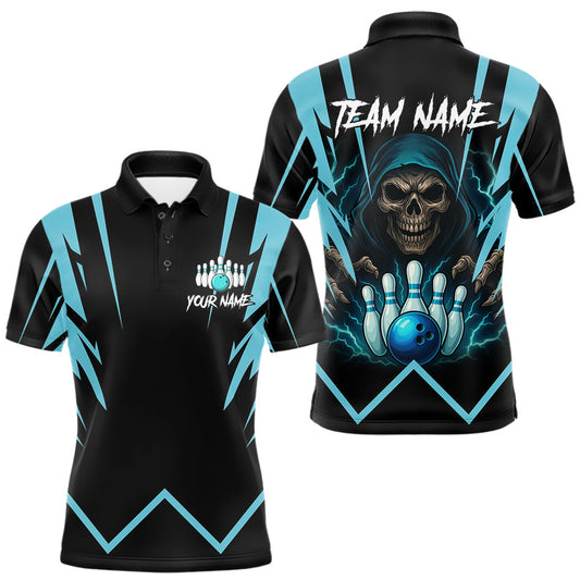 Maxcorners Black and Blue Reaper Skull lightning Bowling Shirts for Men Custom Skull Team Bowling league jersey LM2603