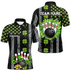 Maxcorners Custom Black Grunge US Flag Green Shamrock St Patrick Bowling polo shirts for men, bowling jersey men LM1501