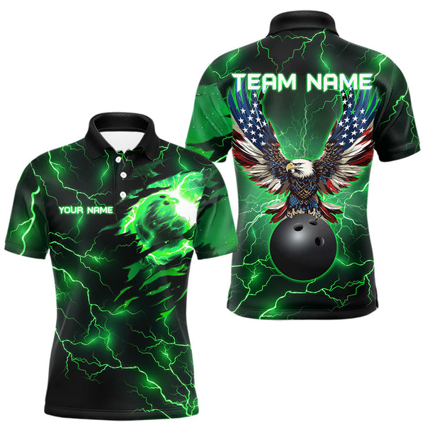 Maxcorners Green lightning thunder bowling American flag Eagle custom Mens Bowling Polo, Quarter Zip Shirts LM2206