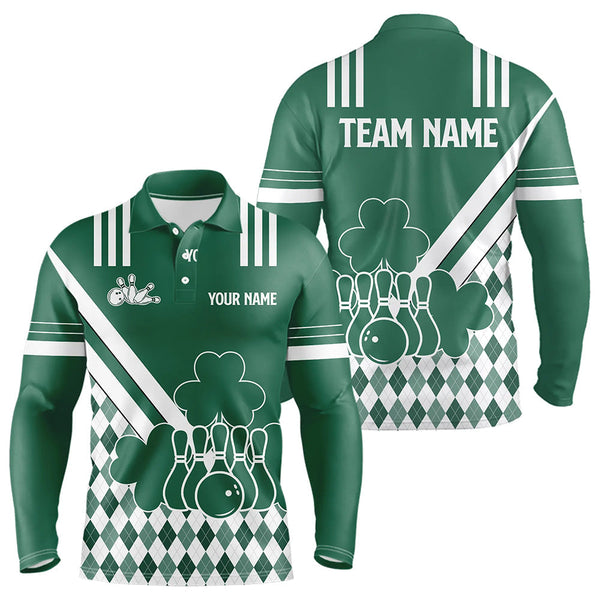 Maxcorners Green And White Argyle Pattern Shamrock St Patrick'S Day Men And Women Bowling Shirts Custom Bowling Team Jersey