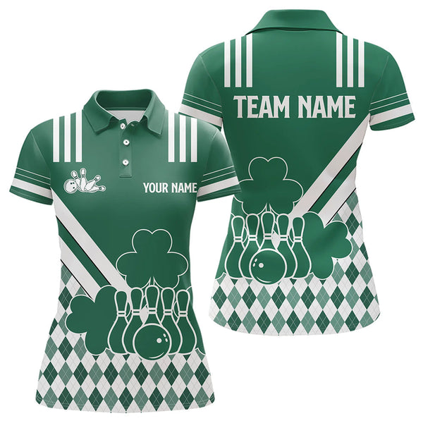 Maxcorners Green And White Argyle Pattern Shamrock St Patrick'S Day Men And Women Bowling Shirts Custom Bowling Team Jersey