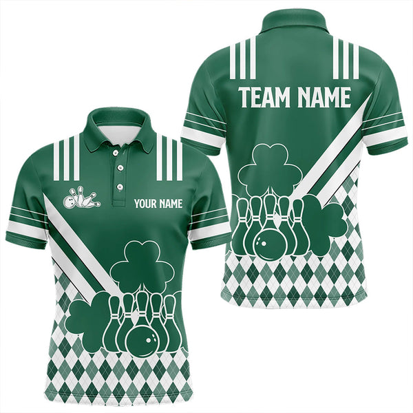 Maxcorners Green And White Argyle Pattern Shamrock St Patrick'S Day Men And Women Bowling Shirts Custom Bowling Team Jersey