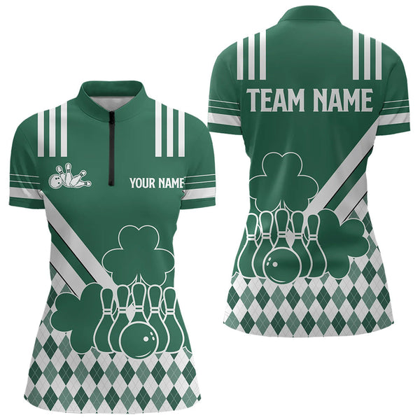 Maxcorners Green And White Argyle Pattern Shamrock St Patrick'S Day Men And Women Bowling Shirts Custom Bowling Team Jersey
