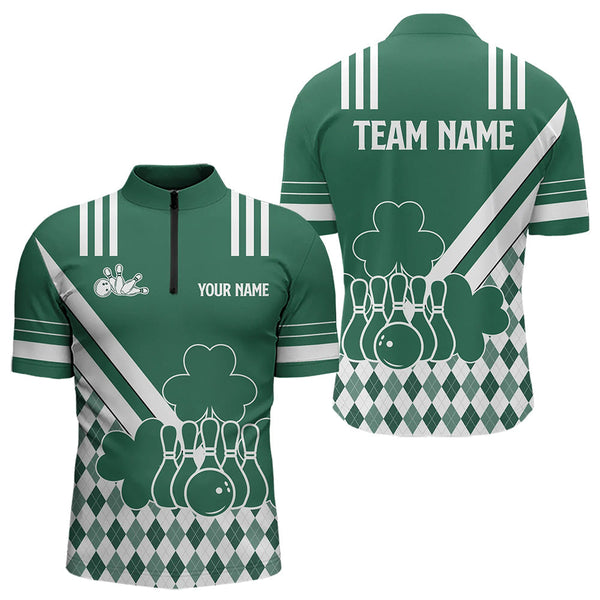 Maxcorners Green And White Argyle Pattern Shamrock St Patrick'S Day Men And Women Bowling Shirts Custom Bowling Team Jersey