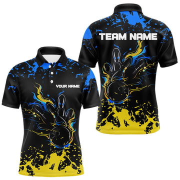 Maxcorners Personalized Black, Blue & Yellow Bowling Shirts For Men, Bowling Balls And Pins Bowling Team Shirts