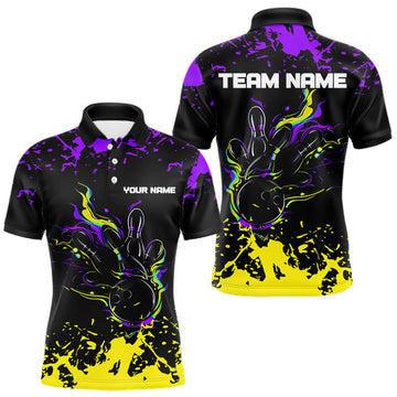 Maxcorners Personalized Black, Purple & Yellow Bowling Shirts For Men, Bowling Balls And Pins Bowling Team Shirt