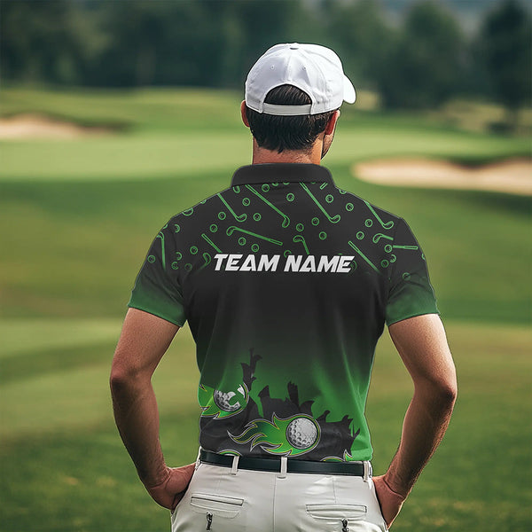 MaxcornersBlack and Green Flame golf ball pattern Men golf polo shirts Custom team golf attire for men