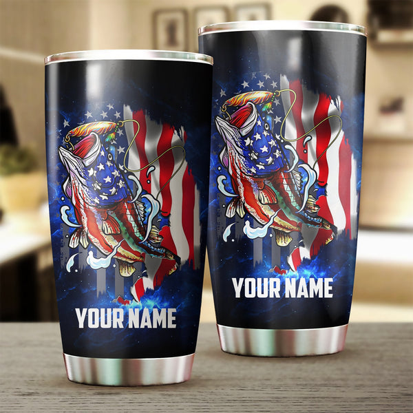 Maxcorners Bass Fishing American Flag patriotic Stainless Steel Fishing Tumbler Customize Name