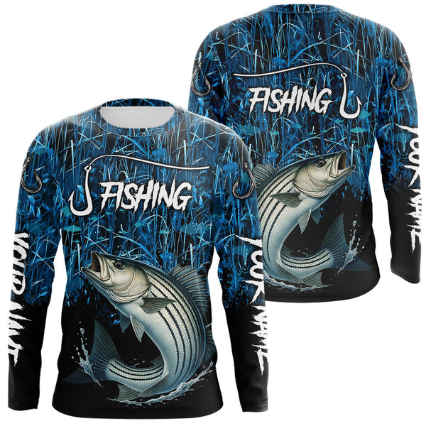 Maxcorners Striped Bass Fishing blue camo Custom UV protection Striper long sleeves fishing shirts LM0607