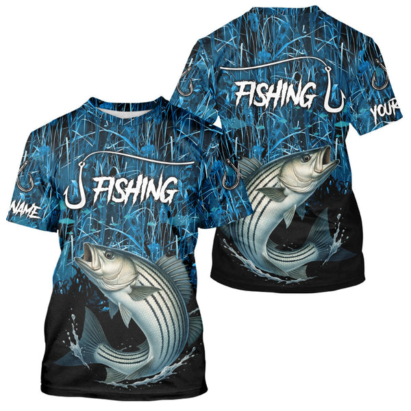 Maxcorners Striped Bass Fishing blue camo Custom UV protection Striper long sleeves fishing shirts LM0607