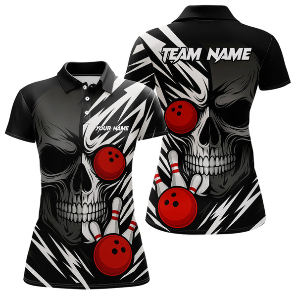 Maxcorners Black and White Skull Bowling Polo, Quarter Zip shirts for Men Custom Skull Team Bowling Jerseys LM1307