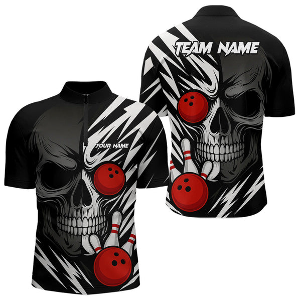 Maxcorners Black and White Skull Bowling Polo, Quarter Zip shirts for Men Custom Skull Team Bowling Jerseys LM1307