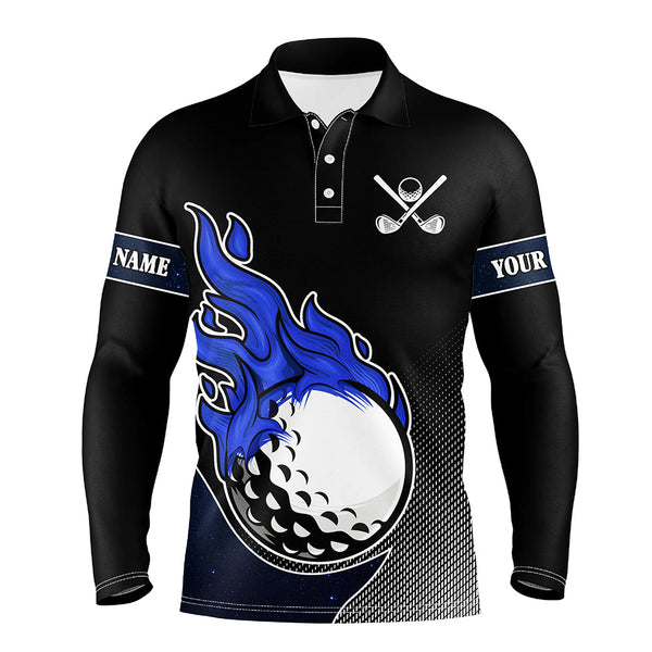 Maxcorners Black and Blue Flame Golf Ball Fire Mens Golf Polo Shirts custom golf outfit mens best team golf shirt