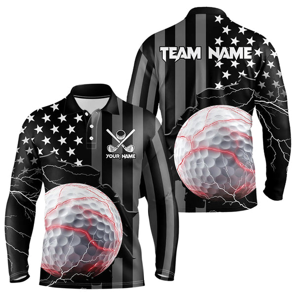 Maxcorners Personalized Black American Flag Lightning Thunder Custom Golf Polo Team Shirts For Men Golf Apparel