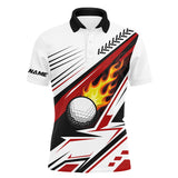 MaxCorners Golfs White Golf Ball Flame Customized Name 3D Polo Shirt For Men