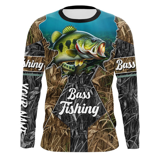 Maxcorners Largemouth Bass fishing camo Customize UV protection long sleeves fishing shirt for men LM0201