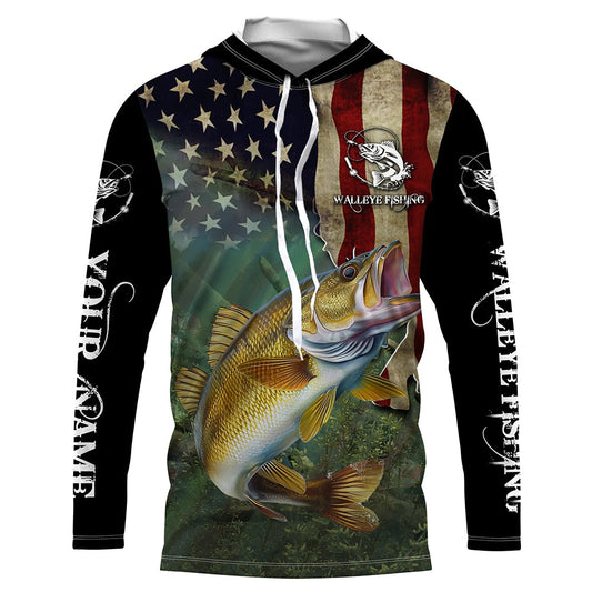 Maxcorners Walleye Fishing 3D American Flag Patriotic Customize name UV protection long sleeve fishing shirts LM0501