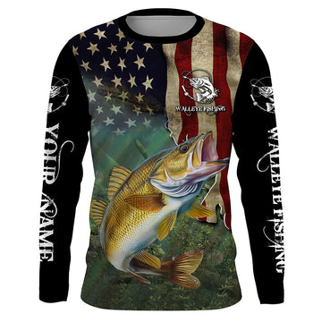 Maxcorners Walleye Fishing 3D American Flag Patriotic Customize name UV protection long sleeve fishing shirts LM0501